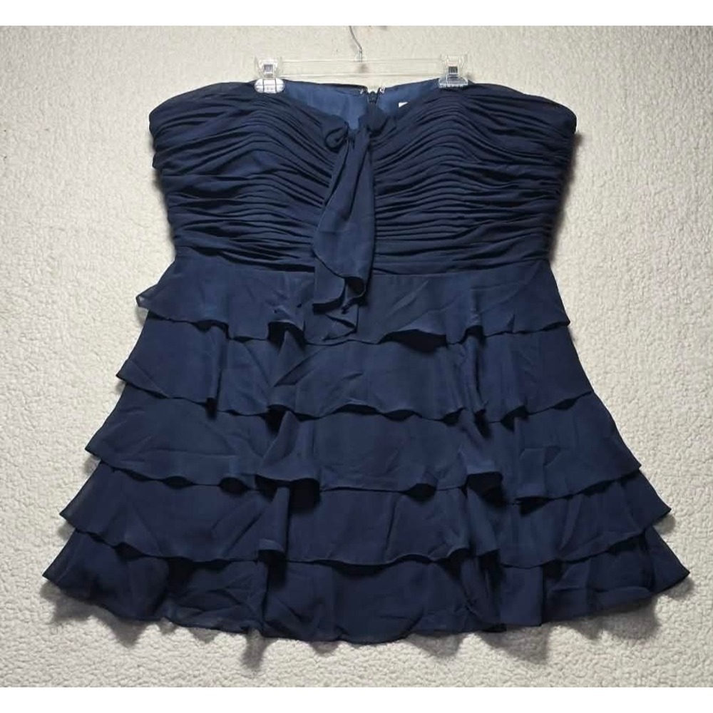 Stacees Dark Navy Blue Strapless Ruched Ruffle Cocktail Dress US24 NWT